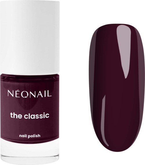 Mörklila nagellackflaska bredvid en matchande prov med glänsande finish.