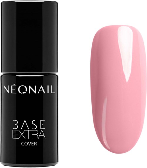 A black nail polish bottle labeled 'Neonail' and a pink painted nail sample.