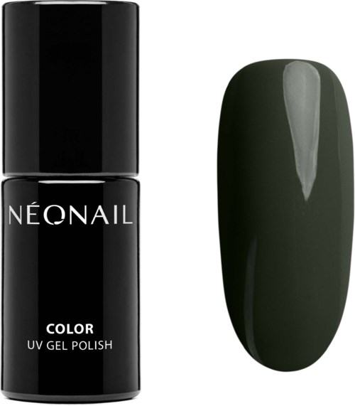 A black nail polish bottle labeled 'NEO NAIL COLOR UV GEL POLISH' and a dark green painted nail sample.