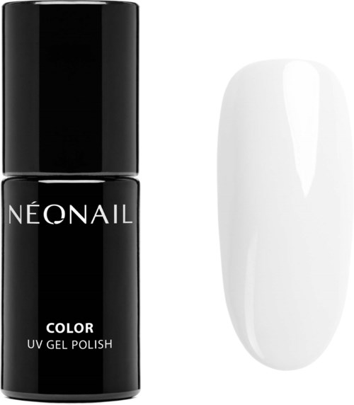 Black bottle of Neonail UV gel polish next to a white painted nail.