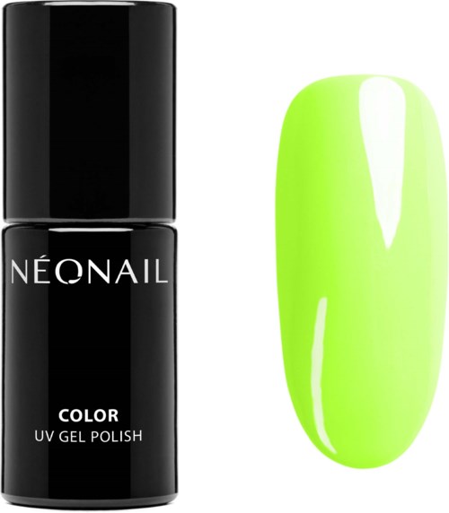 Czarna butelka z napisem 'NEONAIL COLOR UV GEL POLISH' i pomalowany na jasnożółto-zielony paznokieć.