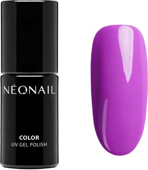 A black bottle of NEONAIL color UV gel polish and a painted purple artificial nail. The bottle is sleek and modern.
