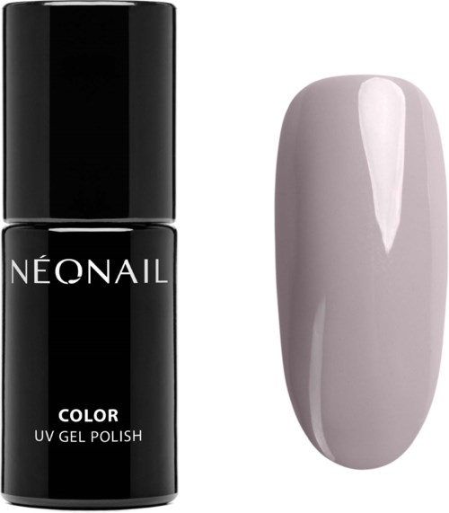 A black nail polish bottle labeled 'NEONAIL COLOR UV GEL POLISH' and a painted nail with light pink color.