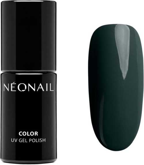 A black bottle of NEONAIL UV gel polish with a dark green painted nail sample next to it.