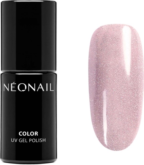 A black bottle labeled 'Neonail', and a pink, sparkly painted nail. Logo and nail polish display.