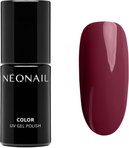 A black bottle labeled 'NÉONAIL COLOR UV GEL POLISH' and a sample of dark pink glossy nail polish.
