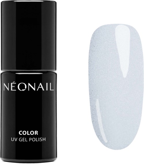 Neonail Farblackierung UV-Gel-Topcoat-Flasche und eine bemalte Nagel mit weißem Glanz.