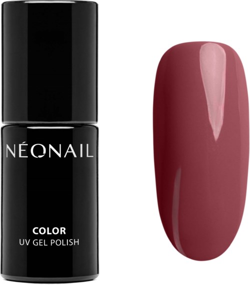 Eine schwarze Flasche mit der Aufschrift 'Neonail Color UV Gel Polish' und ein lackierter Nagel in dunklem Rosa.