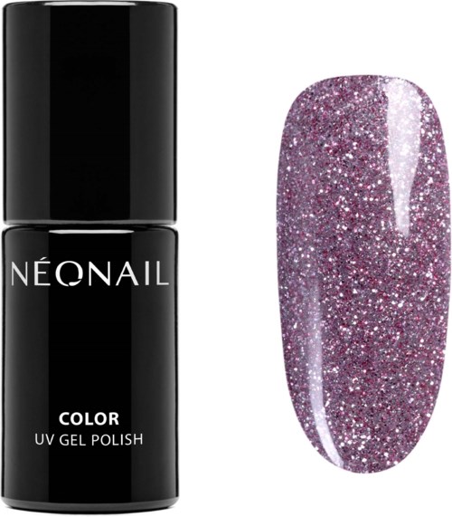 A black bottle labeled 'NEONAIL', with a glittery purple nail polish swatch next to it.