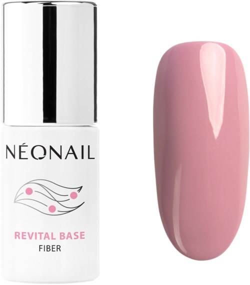 A nail polish bottle labeled 'Neonail Revital Base Fiber' next to a painted pink nail tip.