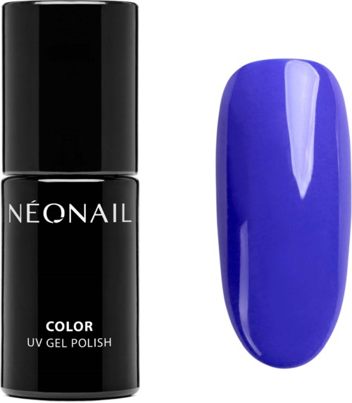 A bottle of bright blue UV gel nail polish and a painted nail showing the same color.