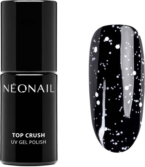 Czarna butelka lakieru UV do paznokci 'Neonail Top Crush' z próbką paznokci w czarno-białym splatterskim wzorze.