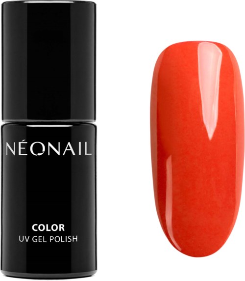 A bottle of neon nail gel polish and a painted nail with bright orange color.