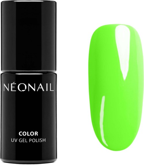 Grüner Nagellack in Flasche mit Aufschrift 'NEONAIL COLOR UV GEL POLISH'. Probe zeigt leuchtendes Neon-Grün.