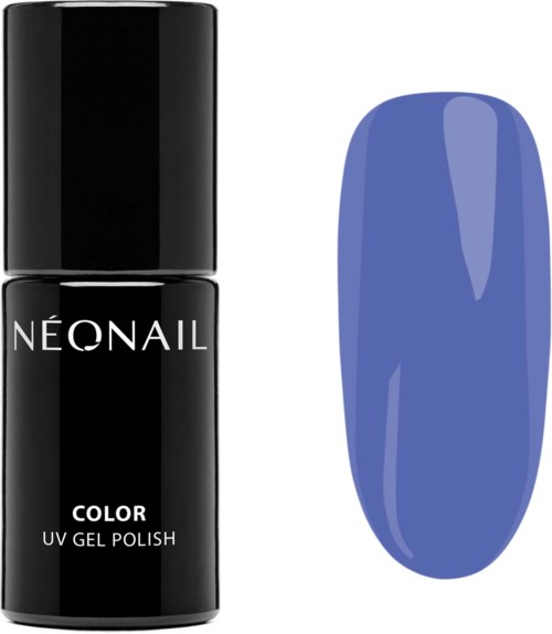 A black bottle labeled 'NEONAIL' shows a sample of blue UV gel polish. It has a smooth, shiny finish.