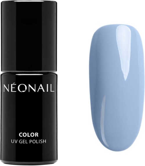 A black bottle of Neoniil gel nail polish next to a light blue painted nail sample.