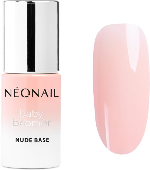 En flaska nagellack märkt "Neonail baby boomer nude base" med ett rosa nagelprov bredvid.