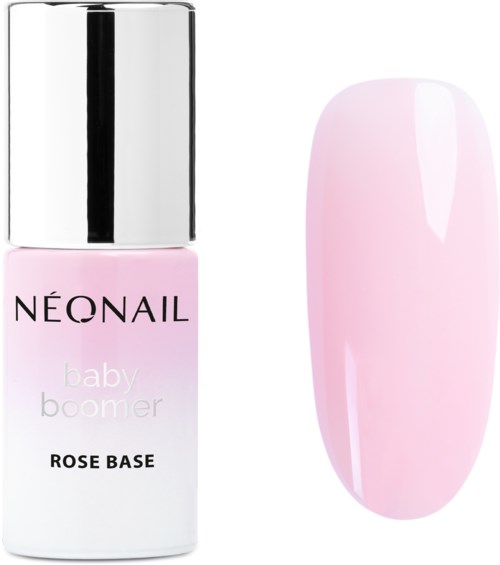 En rosa nagellackflaska märkt 'NeoNail baby boomer rose base' bredvid en målad konstnagel.