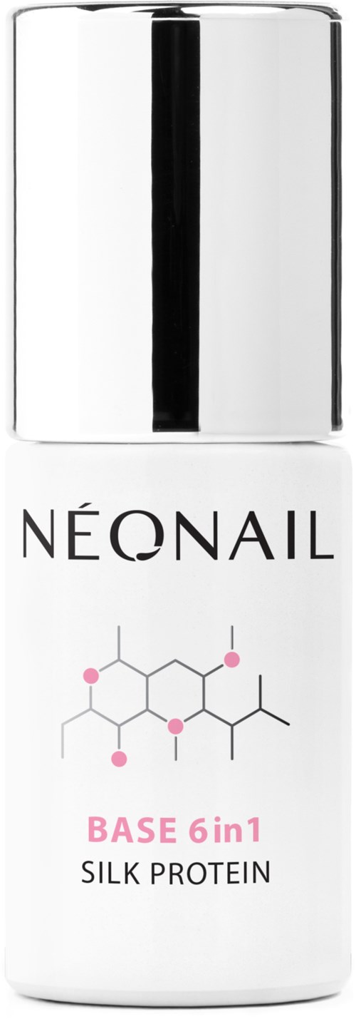 A white bottle labeled NEONAIL with a silver cap, stating it is a 6-in-1 silk protein base.
