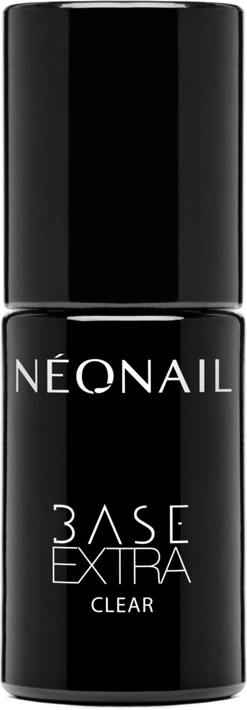En sort flaske med hvid tekst, mærket 'NEONAIL BASE EXTRA CLEAR'.
