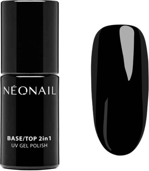 En svart flaske merket 'NEONAIL' med en separat svart neglelakkprøve, som promoterer UV-gelnegllakk.