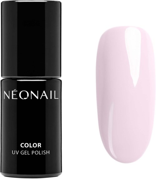 A black nail polish bottle labeled 'NEONAIL COLOR UV GEL POLISH' and a light pink painted nail.