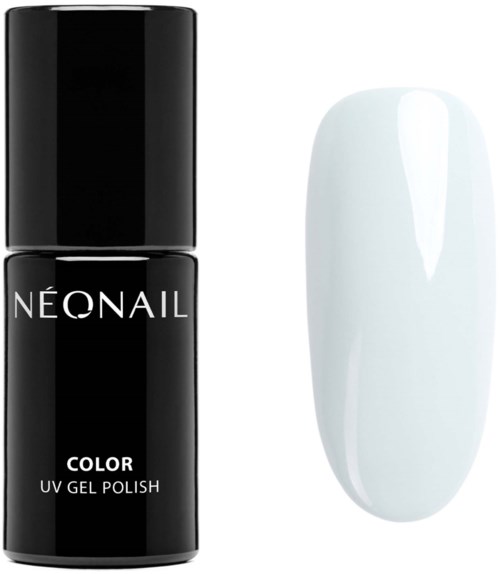 A black bottle labeled 'NEONAIL' next to a white nail painted with white gel polish.