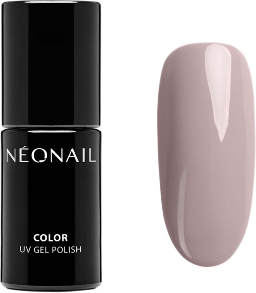 A black bottle of NÉONAIL UV gel polish next to a pink painted fingernail.