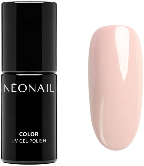 Neonail UV gel polish bottle and a finished soft pink nail polish on a white background.