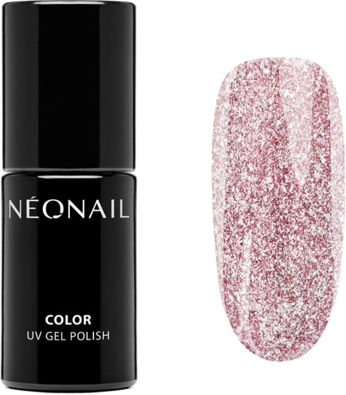 Czarna butelka lakieru UV gel w kolorze NeonaIl obok próbki paznokci z różowym brokatem.