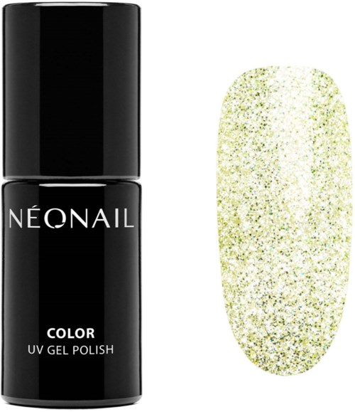 A black nail polish bottle labeled 'NEONAIL' with a glittery yellow-green nail polish swatch.