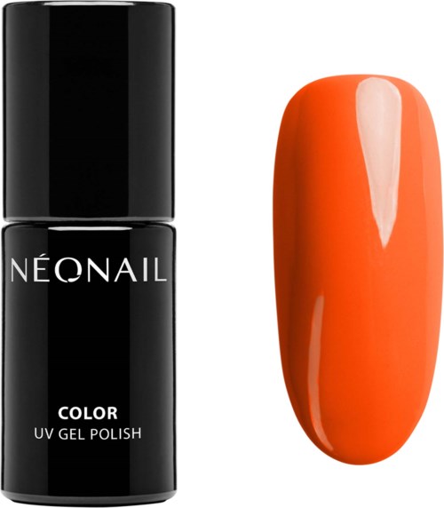 Black nail polish bottle and a bright orange painted nail.