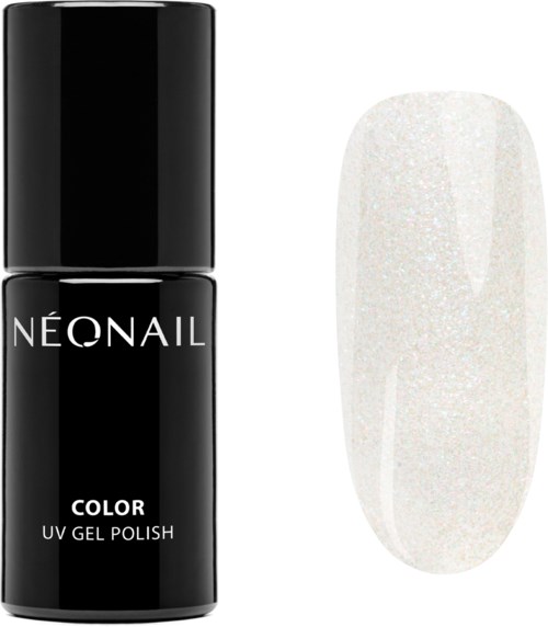 Czarna butelka oznaczona 'Neonail Color UV Gel Polish' obok białego, brokatowego paznokcia.