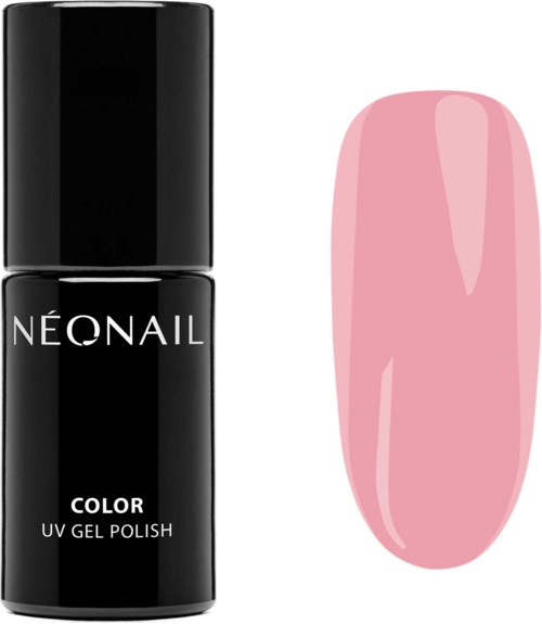 Eine schwarze Nagellackflasche mit der Aufschrift 'NEONAIL COLOR UV GEL POLISH' und eine pinke Nagellackprobe.