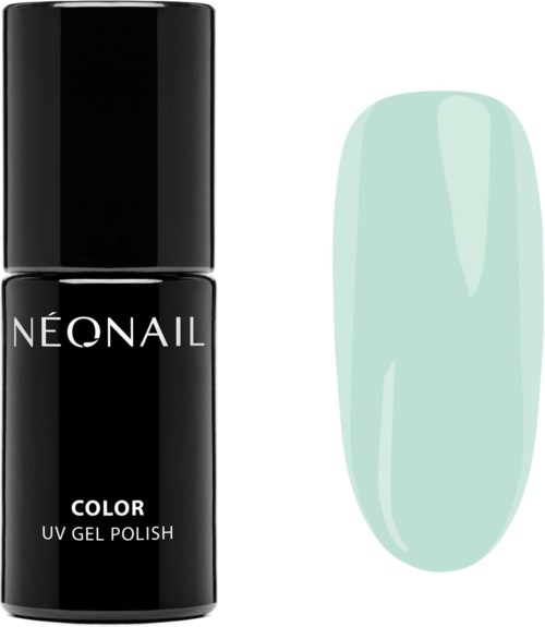 A black nail polish bottle and a light mint green coated nail. The bottle is labeled 'NEONAIL COLOR UV GEL POLISH.'