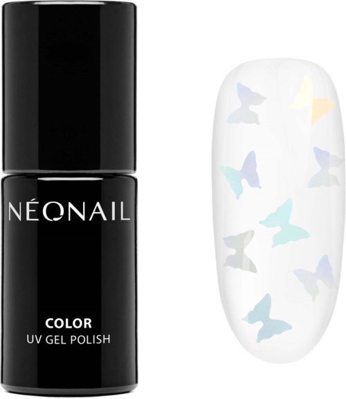 Eine schwarze Flasche Neonail UV-Gel-Politur neben einem weißen Nagel mit Pastellschmetterlingsmuster.