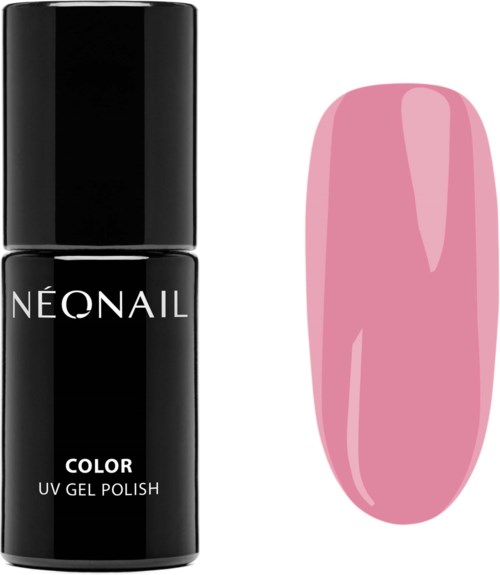Eine schwarze Flasche mit der Bezeichnung 'NEONAIL COLOR UV GEL POLISH' und daneben ein rosa Nagelprobe.