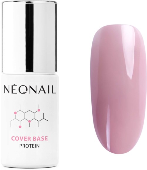 Ein Nagellackflasche mit dem Label 'NEONAIL Cover Base Protein' neben einem rosa, glänzenden Nagel. Die Flasche ist weiß mit silberner Kappe.