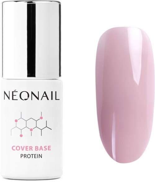 Eine Flasche Nagelunterlagenbase mit einem rosa Nagel auf einer Probe. Die Flasche ist weiß mit einem silbernen Deckel.