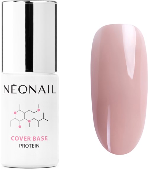 En rosa neglelakkflaske merket 'Neonail Cover Base Protein' ved siden av en malt negl.