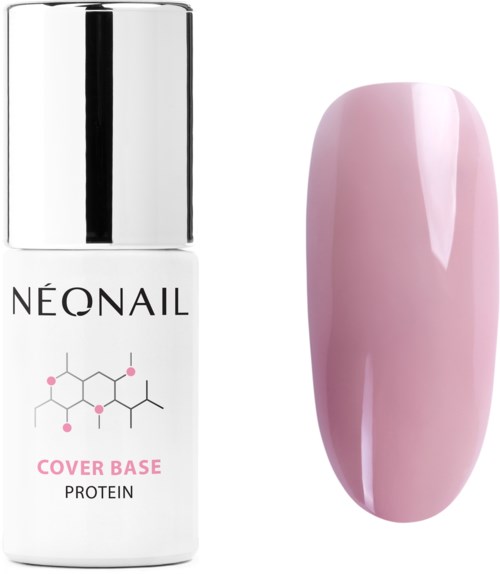 En rosa neglelakkfarge ved siden av en flaske NeoNail Cover Base Protein. Flasken er hvit med svart og rosa tekst og en logo.