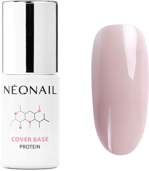 Eine Nagellackflasche mit 'NEONAIL Cover Base Protein' und eine bemalte Nagel in hellem Rosa.