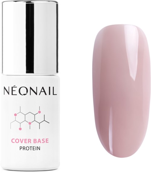 En flaske NeoNail Cover Base Protein ved siden av en malt rosa negleprøve.