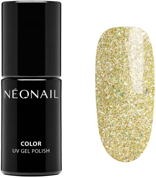 A black bottle labeled 'NEONAIL' with gold glitter nail polish on a nail tip.