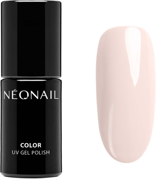 A black bottle labeled 'NEONAIL COLOR UV GEL POLISH' next to a pale pink gel nail swatch.