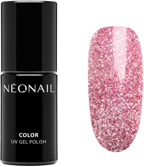 En sort flaske med NEONAIL farve UV-gel neglelak og en glitter rosa negle.