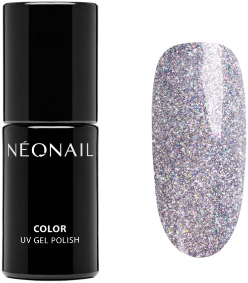 A black nail polish bottle labeled 'NEONAIL COLOR UV GEL POLISH' and a glittery, silver nail sample.
