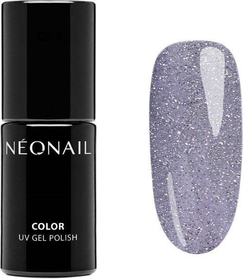 A black bottle labeled 'Neonail Color UV Gel Polish' next to a swatch of lavender purple glittery nail polish.