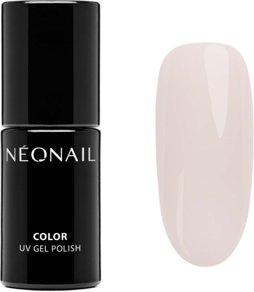 Eine schwarze Flasche mit Neonail UV-Gel-Lack namens 'Color' mit einer hellen, glänzenden Nagelprobe daneben.