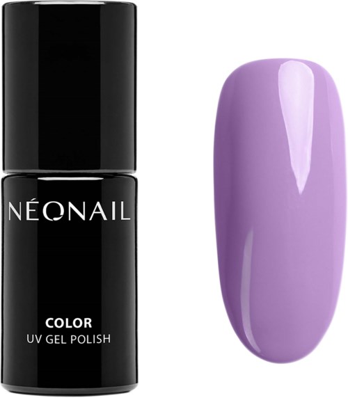 A black bottle of NEONAIL UV gel polish and a lavender-colored painted nail.